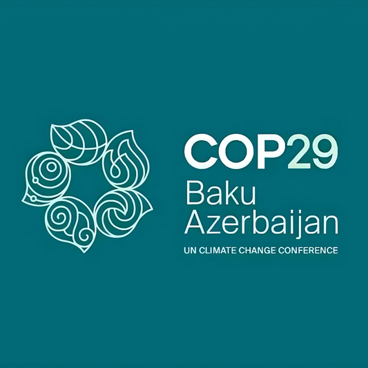 Official COP29 logo incorporating a buta pattern, leaf, and water droplets, emphasizing ecological awareness and Azerbaijan's cultural heritage