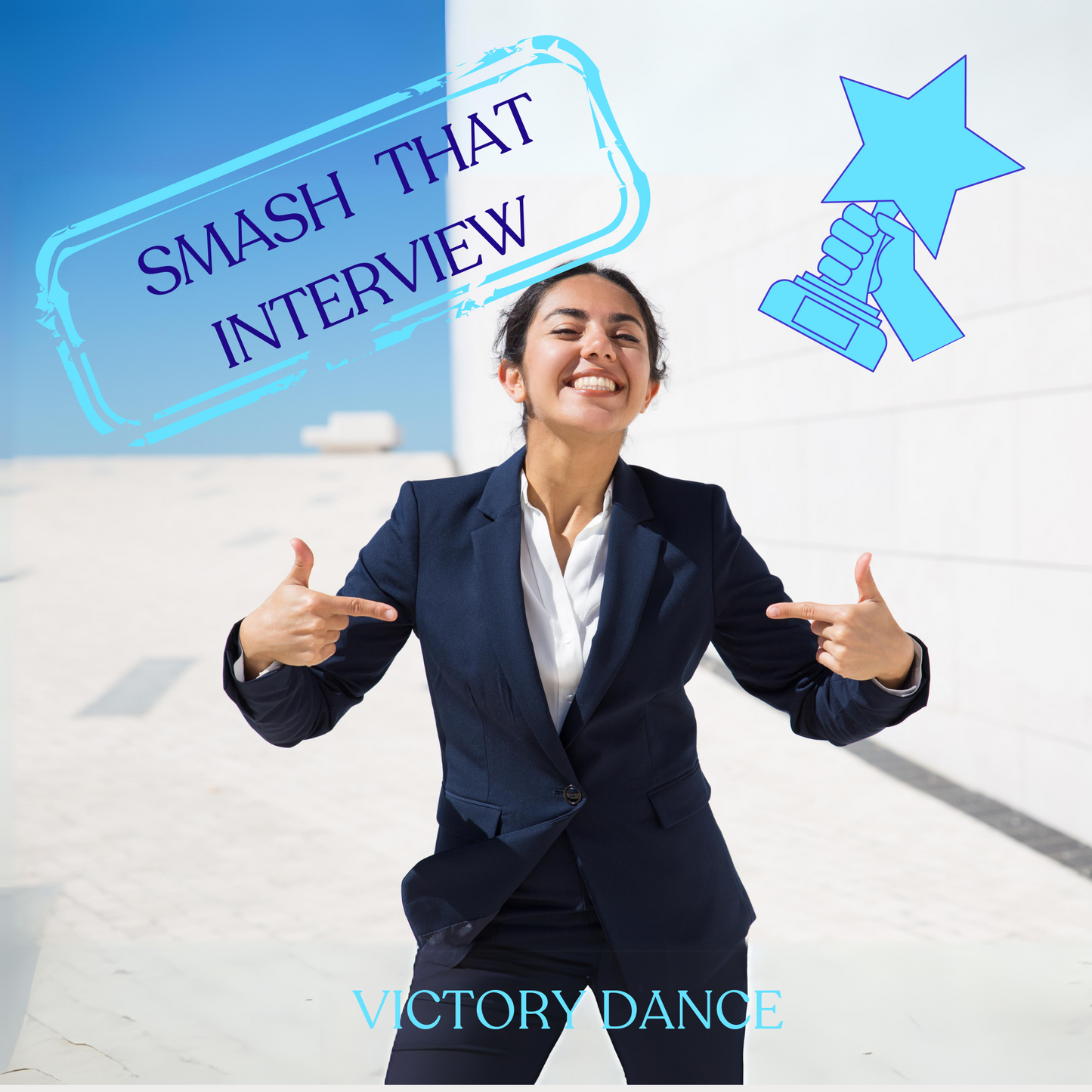 Smash that interview, smiling, confident minority woman image who just passed an interview. Motivational poster for VCareer.org interview guide. 
