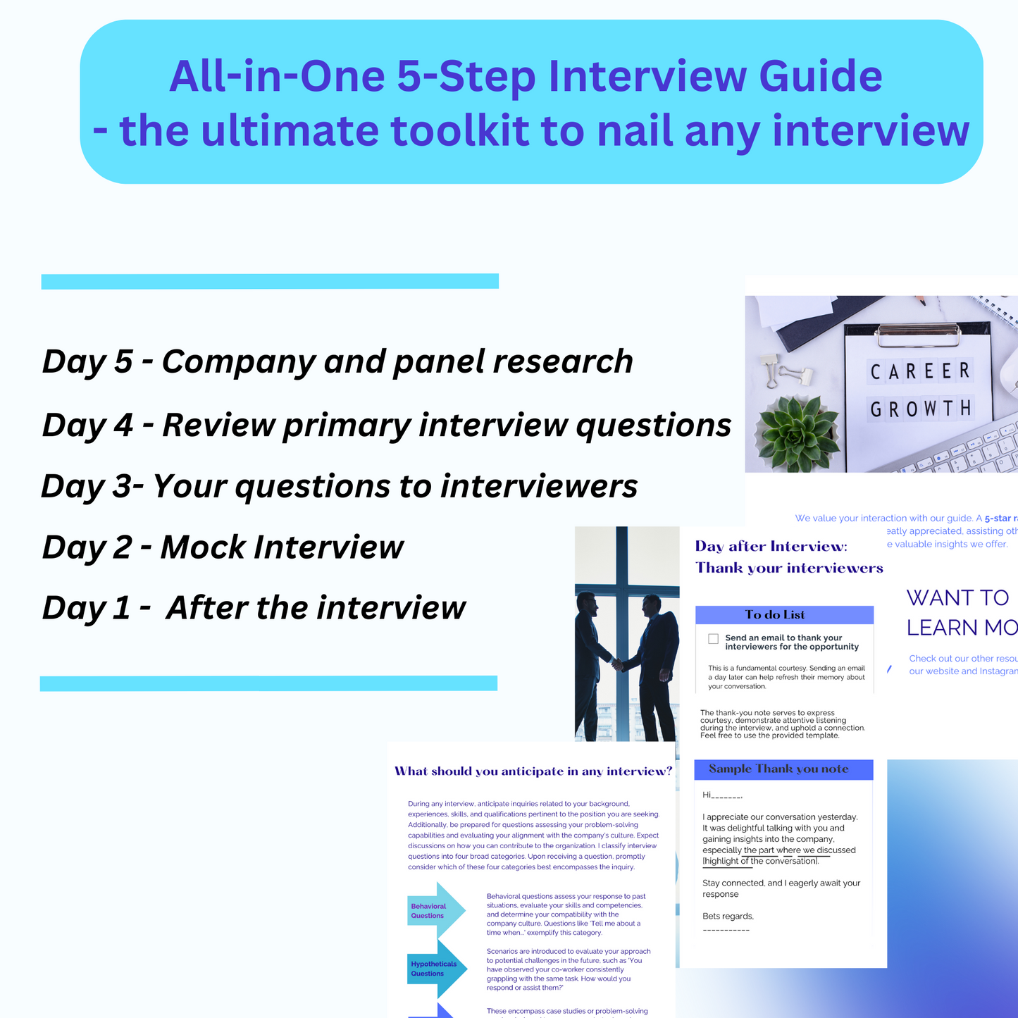 All in one Interview preparation guide, table of content page, featuring 20 pages of valuable interview tips, most popular questions and answers
