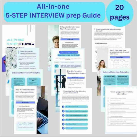 All in one Interview preparation guide, front page featuring 20 pages of valuable interview tips, most popular questions and answers
